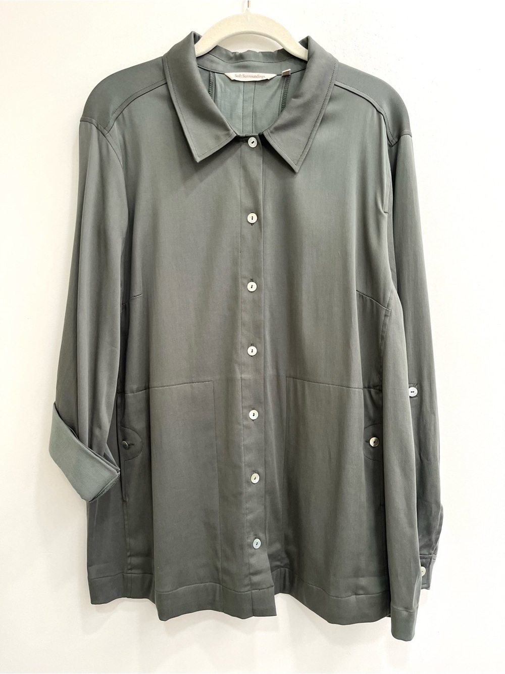 Soft Surroundings Thelma button down shacket fluid fabric roll tab sleeves green